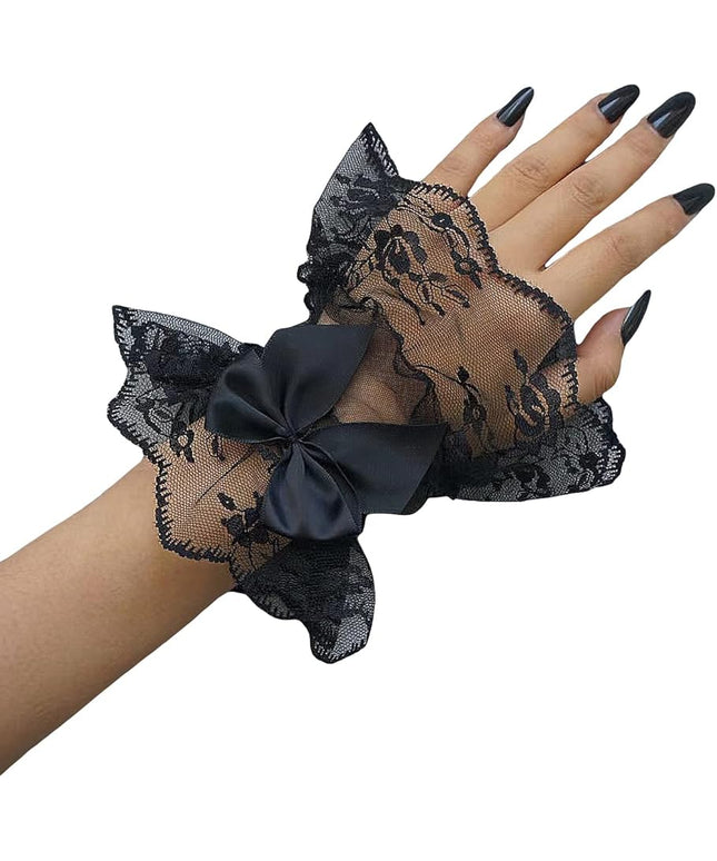 OYOANGLE Women's Floral Lace Bow Front Short Wrist Cuff Wedding Wrist Length Bridal Prom Gloves