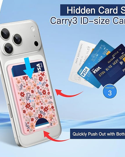 Stronger Magnetic Card Slot Wallet for iPhone 17/16/15/14/13/12 Series (Not for 13/12 Mini), Floral Pattern Hard Card Holder Fit 3 Cards Compatible with Magsafe Accessories, Pink
