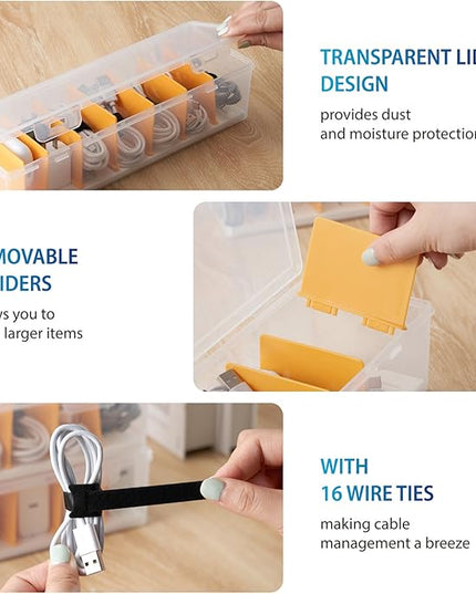 2 Pack Cable Organizer Storage Box with 16 Cable Ties, Clear Phone Charger Organizer Case Wire Organizers for Cords Electronic Storage Box for Drawer Desk Office Home