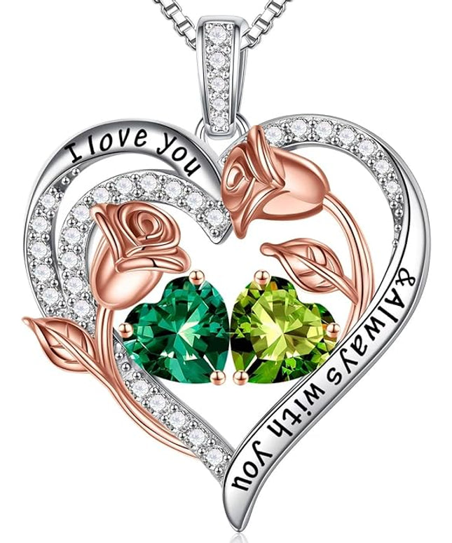 Iefil Christmas Gifts for Women Wife - 925 Sterling Silver Rose Heart Birthstone Necklace Birthday Anniversary Jewelry Gifts for Her Wife Mom Daughter