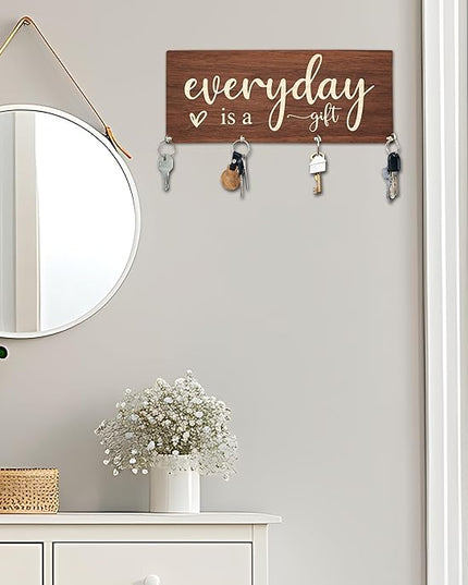 Yhtmbf Everyday is A Gift Wooden Key Holder for Wall - 5"x10" Key Organizer Hanger with 4 Hooks for Home Front Door Hallway Entryway Kitchen - Home Office Decor & Housewarming Gifts Supplies - A04