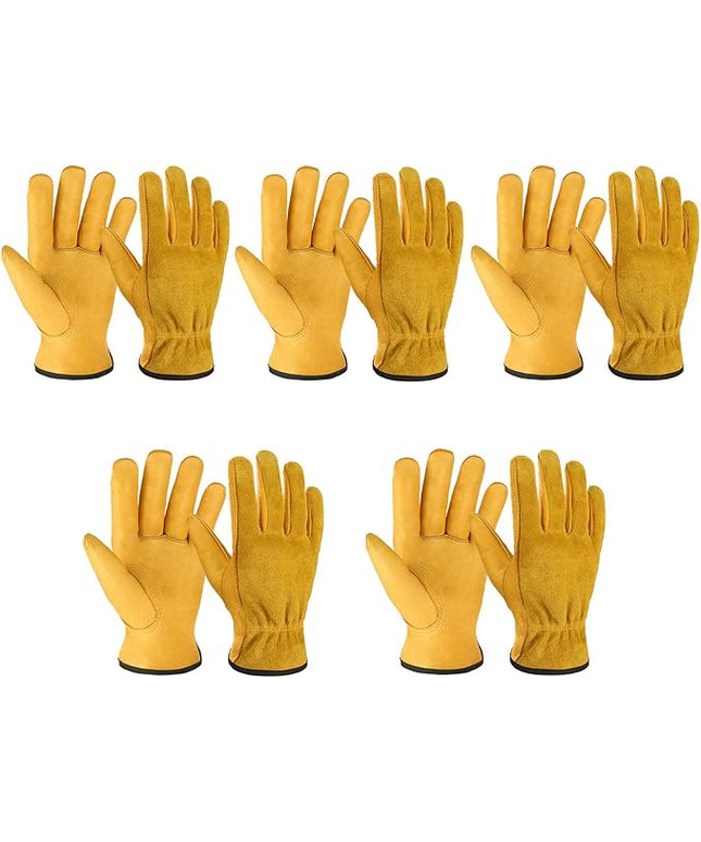 OZERO 5Pair Leather Work Gloves Cowhide Garden Glove for Wood Cutting/Yard Gold,Large