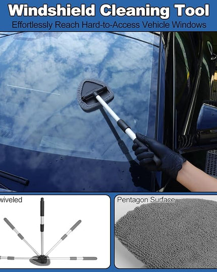 NIKCOSMK Windshield Cleaner Tool, 14Pcs Car Cleaning Kit - Car Interior Detailing Kit with Extendable Handle, Cleaning Gel & Microfiber Pads, All-in-One Inside Car Cleaning Supplies for Women Men