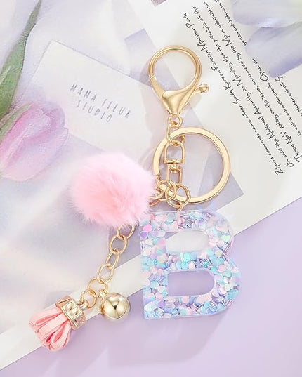 Resin Alphabet Initial Letter Keychain Keyring for Women Purse Handbags With Fur Ball Pom