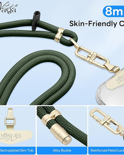 Adjustable Anti-Theft Phone Lanyard Neck & Crossbody Strap with 0.2mm Metal Tab & Comfort-Fit 8mm Rope(Dark Green)