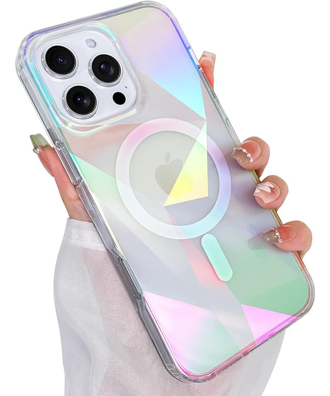Cute Case for iPhone 16 Pro Case for Women Girls [ Compatible with Magsafe ] Clear Glitter Girly Aesthetic Rainbow Sparkly Bling Magnetic Phone Cover, Iridescent Geometry