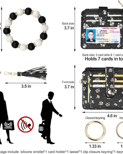 COOLANS Silicone Bracelet Wristlet Wallet Credit Card Holder RFID,ID Window,Key Ring Tassel,Slim Wallet Women Keychain Purse