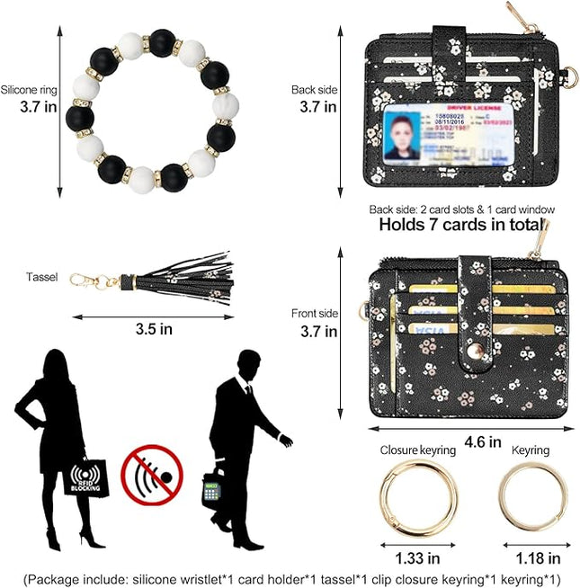 COOLANS Silicone Bracelet Wristlet Wallet Credit Card Holder RFID,ID Window,Key Ring Tassel,Slim Wallet Women Keychain Purse