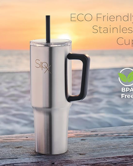 SIPX™ 30 oz Insulated Tumbler with Handle & Straw – Vacuum Insulated Stainless Steel, Leakproof, Cupholder Friendly – Perfect for Iced Coffee, Water & Travel – Stainless