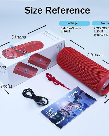 SOWO Portable Bluetooth Speaker, Waterproof IPX7, 25W Loud Wirelss Speaker with Big Audio and Punchy Bass, Outdoor Bluetooth for Party, Beach, Travel, Girls Gifts - Red