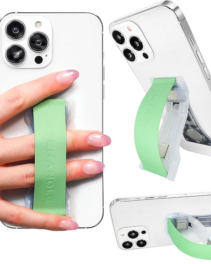 LOVEHANDLE PRO Premium Phone Grip - Silicone Phone Strap - Magnetic Phone Mount and Kickstand for Smartphone and Tablet - Fern Green Silicone on Clear Base