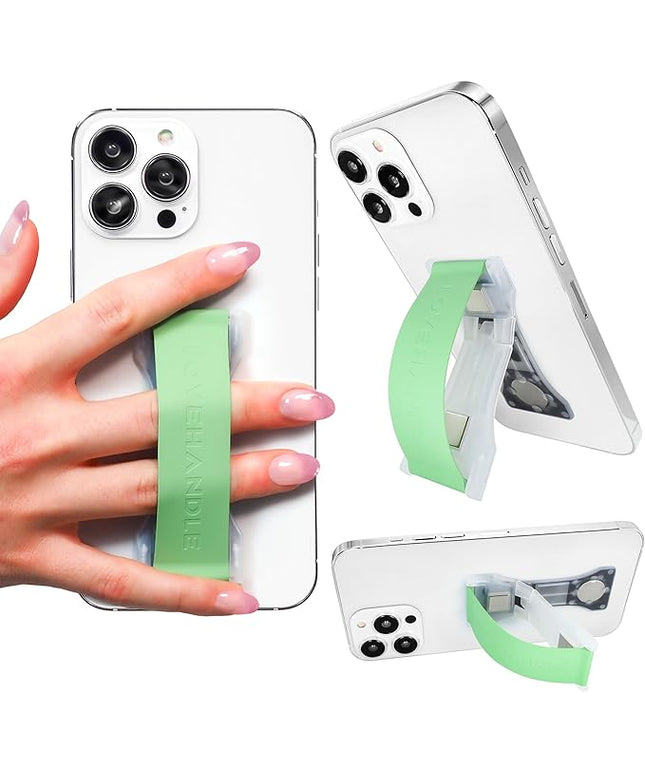LOVEHANDLE PRO Premium Phone Grip - Silicone Phone Strap - Magnetic Phone Mount and Kickstand for Smartphone and Tablet - Fern Green Silicone on Clear Base