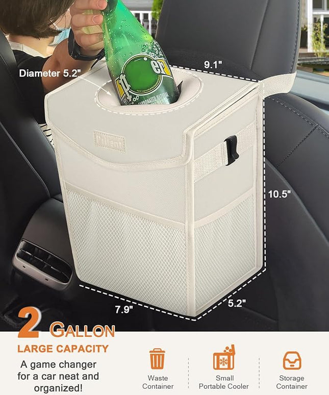 Car Trash Can with Lid, Cute Leakproof Car Trash Garbage Bag Hanging Vehicle Trash Bin Small Portable Automotive Garbage Cans Organizer for Back/Front Seat(Trapezoid,Ivory