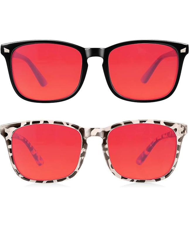 2 Packs Professional Sleep Glasses with 99.9% Blue Light Blocking Dual AR Coatings Lens ((03)-black+leopard, Red Lens(Max Protect))