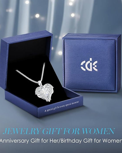 CDE Christmas Gifts for Women Angel Wings Necklace for Women with Birthstone, Love Heart Silver Tone/Gold Tone Pendant, Ideal Anniversary or Birthday Jewelry Gifts for Wife Girlfriend Her