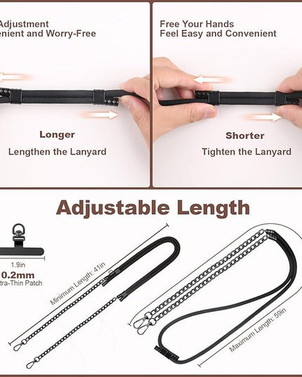 Cell Phone Chain Crossbody Phone Lanyard with 2 Metal Tether Tabs, Adjustable Black Braided Phone Strap and Phone Chain Strap Combination, Cell iPhone Lanyard Crossbody for Women and Men, Black