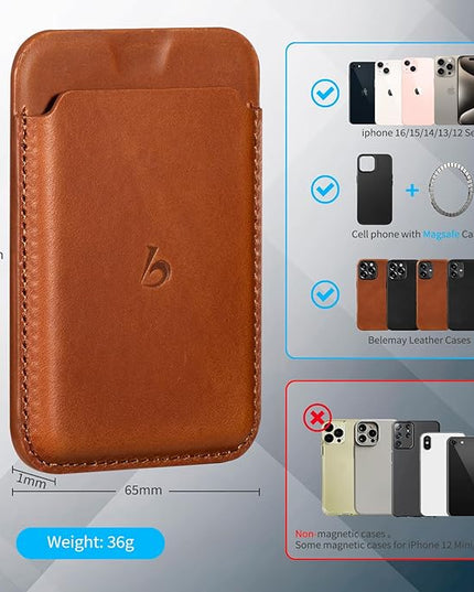 Belemay Strong Magnetic Wallet Compatible with Magsafe, Luxury Minimal Card Holder for 1-2 Cards, Premium Full-grain Smooth Leather Compatible with iPhone 17/16/15/14/13/12 series&MagSafe cases, Brown