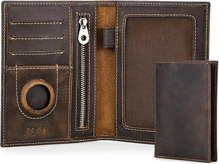 CONTACTS Full Grain Leather Passport Holder RFID Blocking Travel Passport Wallet Compatible with Airtag Slim Passport Cover Case with 4 Cards Slots, Coin Pocket (Brown)
