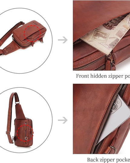 Genuine Leather Sling Bag for Men and Women Chest Bag Purse Crossbody Shoulder Bags Backpack Hiking Backpack Daypack (Brown)