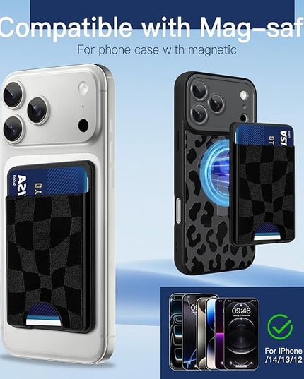 Stronger Magnetic Card Slot Wallet for iPhone 17/16/15/14/13/12 Series (Not for 13/12 Mini), Checkered Pattern Hard Card Holder Fit 3 Cards Compatible with Magsafe Accessories, Black