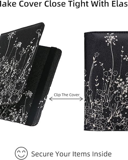 WALNEW Passport Holder for Travel, RFID Passport Cover Wallet for Women Men, PU Leather Passport Book Card Holder Case with Pen (Elastic Band Closure, D-Black Flowers)