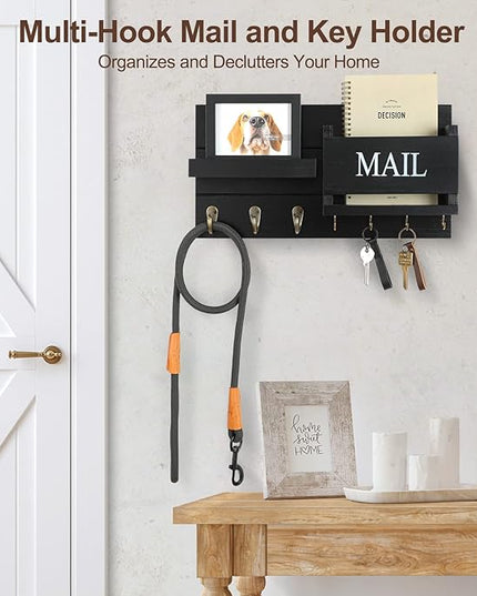 Lwenki Mail Organizer for Wall Mount – Key Holder with Shelf Includes Letter Holder and Hooks for Hallway Farmhouse Decor – Rustic Wood with Flush Mounting Hardware (16.5” x 9.1” x 3.4”) (Black)