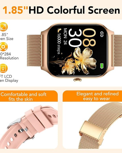 CASCHO Smart Watches for Women (Android/iOS), 1.85" HD Smart Watch with Calls/Messages/AI Voice Control, Sleep/Heart Rate, 120+ Sports Modes Fitness Tracker Watch, Gold & Pink Dual Strap
