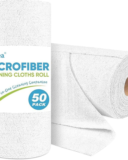 AIDEA Microfiber Cleaning Cloth Roll, White 50PK, Tear Away Reusable Paper Towels, Commercial Shop Rags, Microfiber Towels for Cars, Lint Free Rags for House, Kitchen, Automotive, 11.5"×11.5"