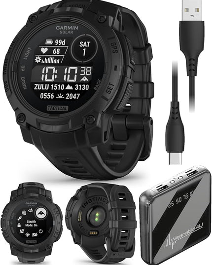 Wearable4U Garmin Instinct 3-45mm Tactical Edition Rugged Outdoor GPS Smartwatch, Solar Charging Display, Applied Ballistics Support, LED Flashlight, Multi-Band GPS PowerBank Bundle