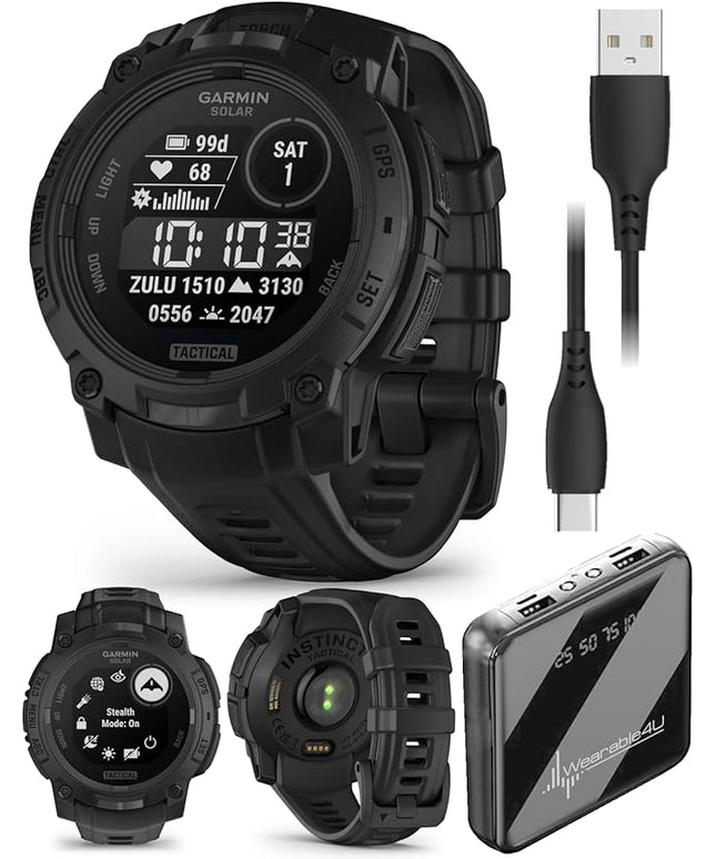 Wearable4U Garmin Instinct 3-45mm Tactical Edition Rugged Outdoor GPS Smartwatch, Solar Charging Display, Applied Ballistics Support, LED Flashlight, Multi-Band GPS PowerBank Bundle