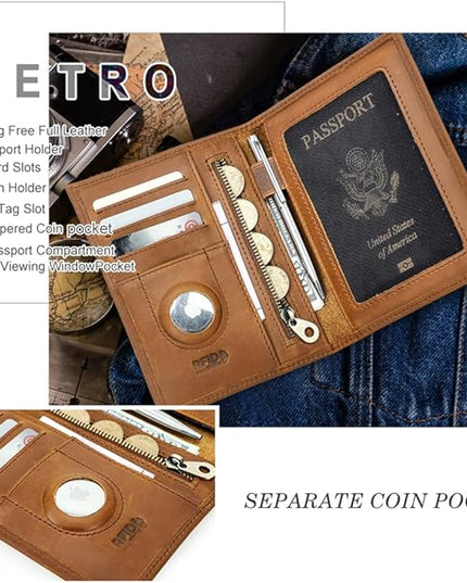 CONTACTS Full Grain Leather Passport Holder RFID Blocking Travel Passport Wallet Compatible with Airtag Passport Cover Case with 4 Cards Slots, Coin Pocket (Brown)