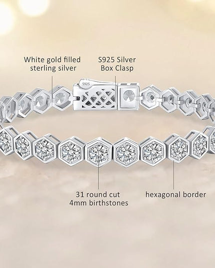 Birthstone Tennis Bracelets for Women Birthday Gifts 925 Sterling Silver Hexagon White Gold Bracelets Round Cut 5A Cubic Zirconia Prong Setting 7 Inch Anniversary Jewelry Gift