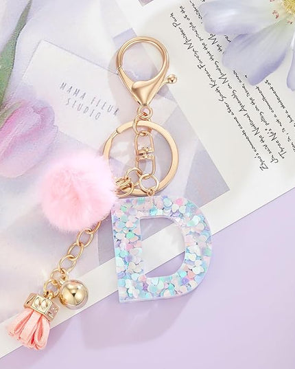 Resin Alphabet Initial Letter Keychain Keyring for Women Purse Handbags With Fur Ball Pom