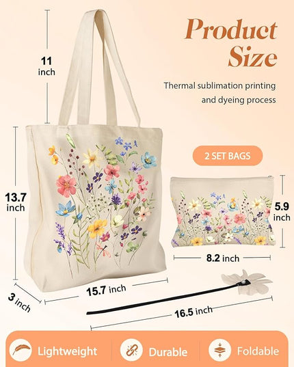 Aesthetic 2 Pack Canvas Tote Bag - with Makeup Pouch Bag for Women Reusable Grocery Bag for Gym, Travel, Work