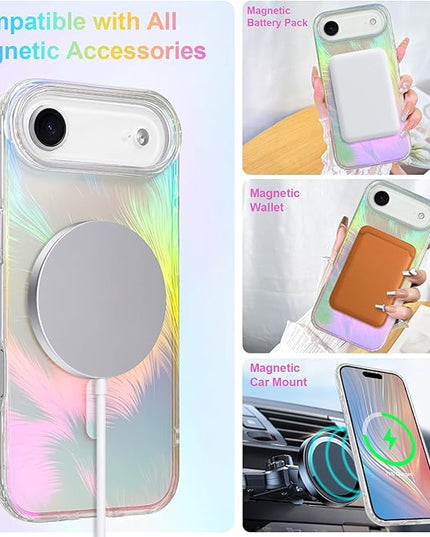 Glitter Case for iPhone Air Case for Women Girls [ Compatible with Magsafe ] Clear Cute Aesthetic Girly Iridescent Feather Sparkly Bling Magnetic Phone Cover, Gradient Blue & Pink