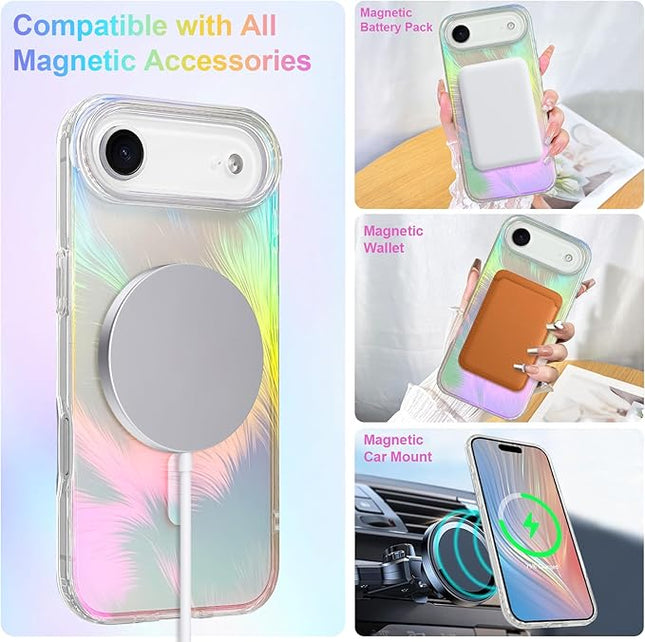 Glitter Case for iPhone Air Case for Women Girls [ Compatible with Magsafe ] Clear Cute Aesthetic Girly Iridescent Feather Sparkly Bling Magnetic Phone Cover, Gradient Blue & Pink