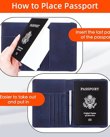 WALNEW Passport Holder for Travel, RFID Passport Cover Wallet for Women Men, PU Leather Passport Book Card Holder Case with Pen, Travelling Essentials for Flying