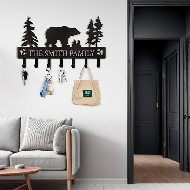 Dyoart Personalized Key Holder for Wall, Custom Metal Black Bear Coat Hook Key Holder with Name, Metal Key Rack Hanger Organizer for Entryway, Front Door, Hallway, Kitchen, Office Decor