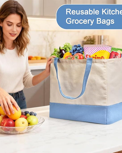 Reusable Grocery Bags Heavy Duty, 8.3 gal Foldable Large Canvas Tote Bag with Handles, Holds 60 lbs Canvas Shopping Bags, 3 Pack（Off White+Light Blue）