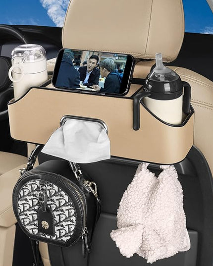 HOLDCY Car Back Seat Organizer with 2 Drink Cup Holder - Tissue Box and Storage Box Hook - Multi-functional Storage - Great for Kids and Travel (Beige)
