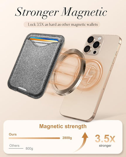 Shorogyt Compatible with Magsafe Wallet Magnetic Card Holder - Glitter Grey Phone Wallets for Women Teen Girls Fashion for iPhone 17/16/15/14/13/12 Series Slim for Apple Mag RFID Magnet, Fit 3 Cards