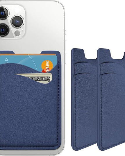 Puxnoin Leather Phone Wallet, Stretchy Card Holder for Back of Phone Case - 2Pack Navy Blue