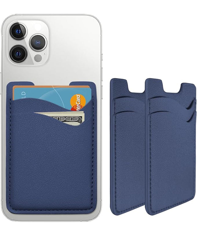 Puxnoin Leather Phone Wallet, Stretchy Card Holder for Back of Phone Case - 2Pack Navy Blue