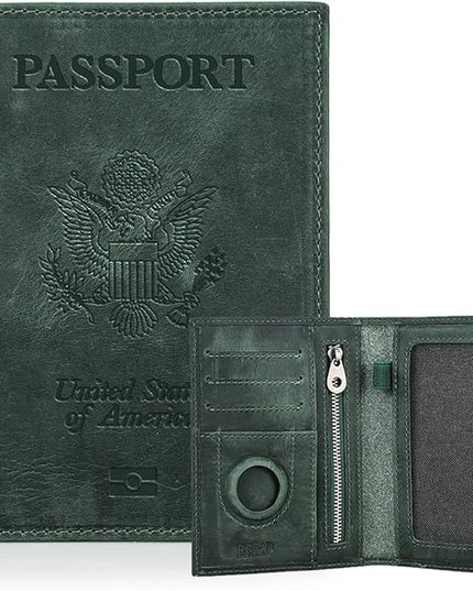 CONTACTS Full Grain Leather Passport Holder RFID Blocking Travel Passport Wallet Compatible Airtag Passport Cover Case with 4 Card Slots, Coin Pocket (Badge, Green)