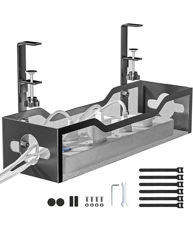 Under Desk Cable Management Tray Black, Litwaro Cable Management Under Desk No Drill, Cable Organizer with Clamp for Wire Management, Cord Organizer No Damage to Desk for Office, Home