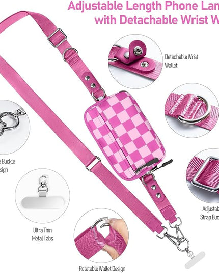 Clip and Go Strap for Phone with Wallet Crossbody Phone Lanyard and Detachable Checkered Bag with ID Window and RFID Pouch for Daily Travel.