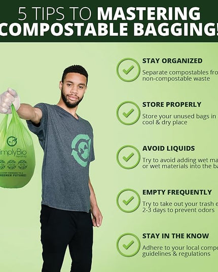 Simply Bio 3 Gallon Compostable Trash Bags Liners with Handle-Tie, Thick 0.67 Mil, 11.36 Liter, 80 Bags, Small Kitchen Food Scrap Waste Bag, ASTM D6400, US BPI and OK Compost Home Certified