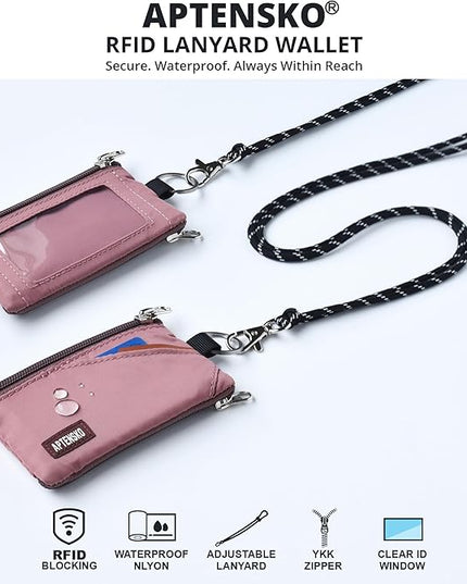 RFID Travel Wallet with Adjustable Lanyard-Zipper Small Wallet with ID Card Holder, Keychain for women&men-Minimalist Slim Waterproof Nylon case for ID, Cash, Key (Warm Mauve)