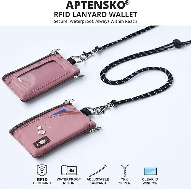 RFID Travel Wallet with Adjustable Lanyard-Zipper Small Wallet with ID Card Holder, Keychain for women&men-Minimalist Slim Waterproof Nylon case for ID, Cash, Key (Warm Mauve)
