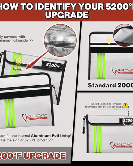 ROLOWAY Fireproof Bag (9.6 x 6.6 inches) 5200℉ Heat Insulated with Reflective Strip, Fireproof Money Bag with Zipper for Cash (2-Pack)